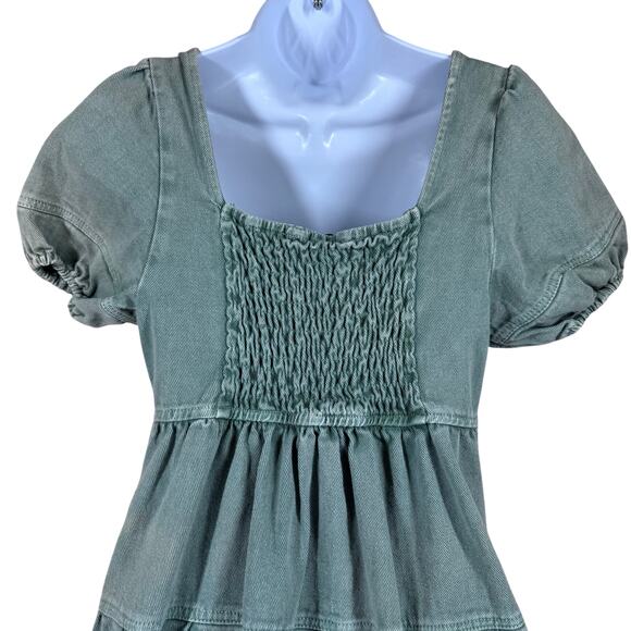 Louna Green Denim Babydoll Empire Puff Sleeve Tiered Mini Dress Women's XS Boho - Picture 5 of 9